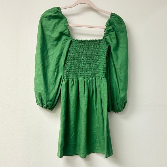 Reformation Greyson Shirred Square Neck Linen Mini Dress Green Women's Size XS - Picture 3 of 5